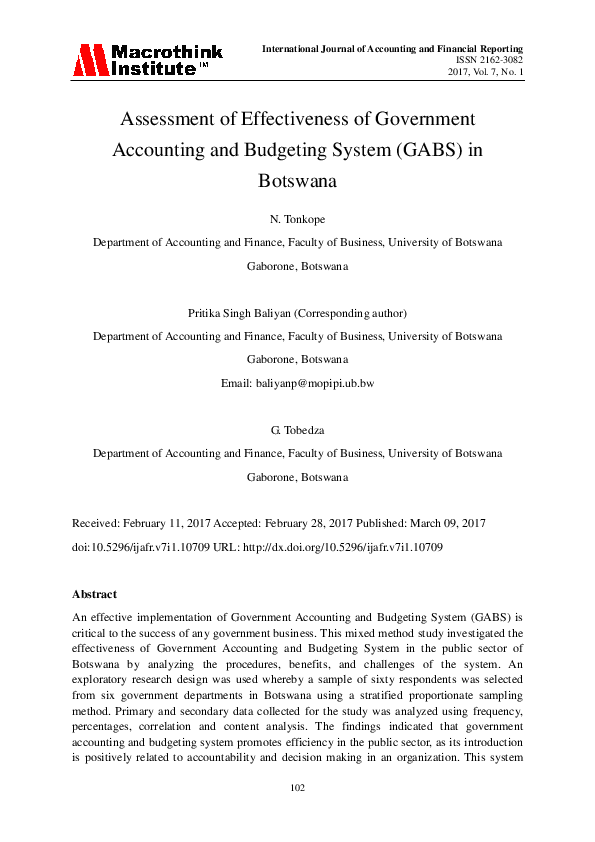(PDF) Assessment of Effectiveness of Government Accounting and Budgeting System (GABS) in