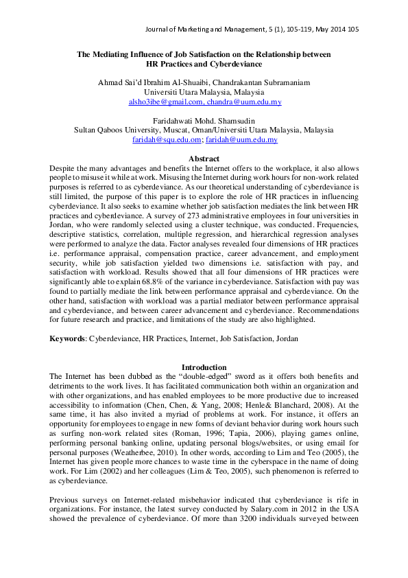 (PDF) The Mediating Influence of Job Satisfaction on the Relationship ...