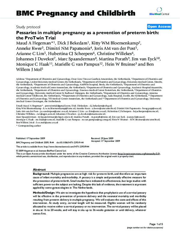 (PDF) Pessaries in multiple pregnancy as a prevention of preterm birth ...