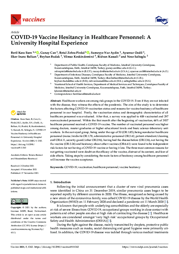(PDF) COVID-19 Vaccine Hesitancy in Healthcare Personnel: A University ...