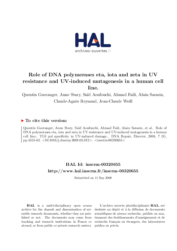 (PDF) Role of DNA polymerases η, ι and ζ in UV resistance and UV ...