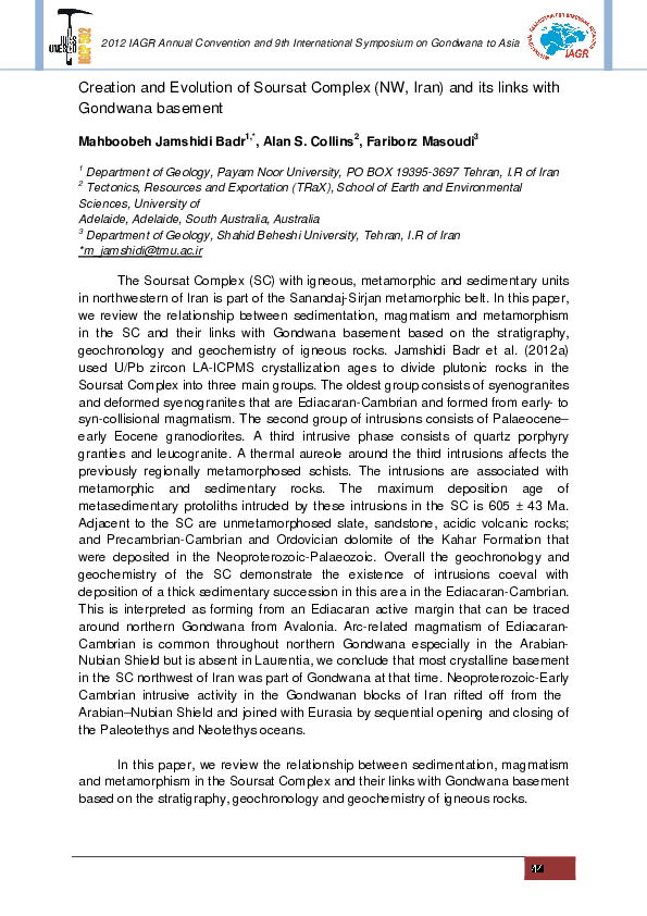 Creation and Evolution of Soursat Complex (NW, Iran) and its links with Gondwana basement