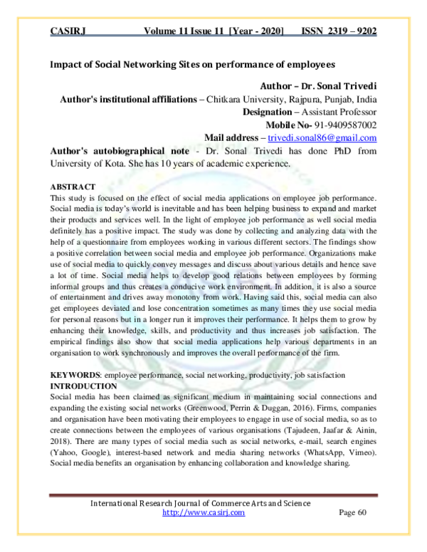 (PDF) Impact of Social Networking Sites on performance of employees