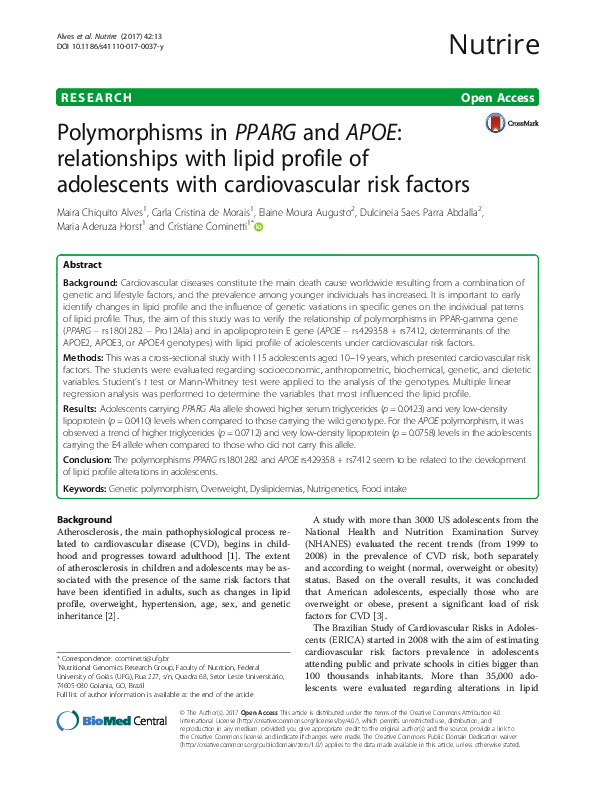 (PDF) Polymorphisms in PPARG and APOE: relationships with lipid profile ...