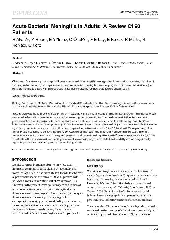 (PDF) Acute Bacterial Meningitis In Adults: A Review Of 90 Patients