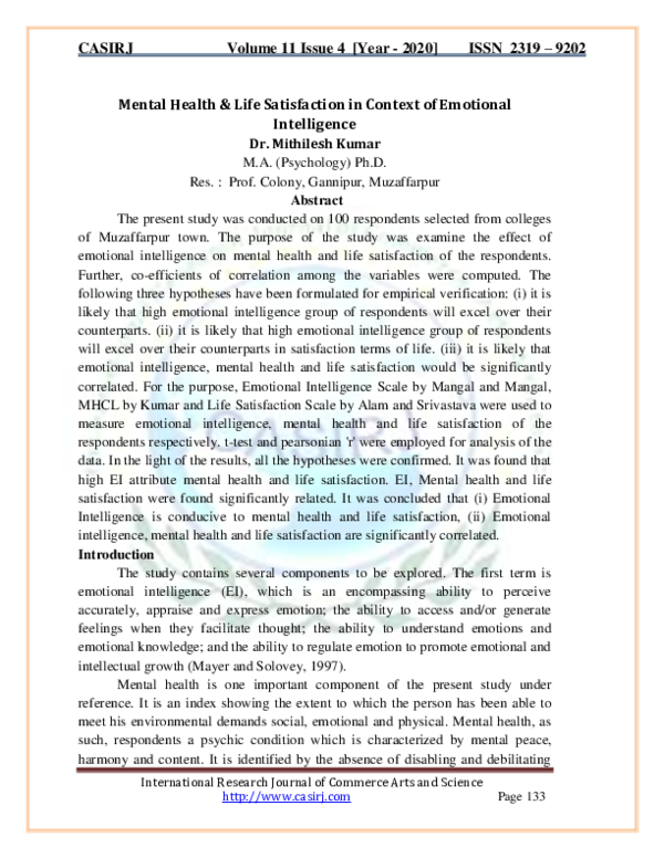 (PDF) Mental Health & Life Satisfaction in Context of Emotional ...
