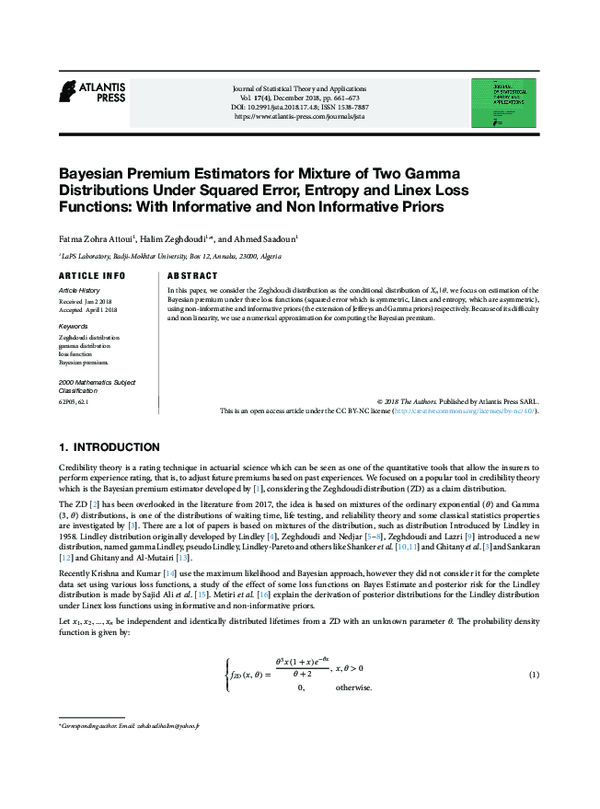 (PDF) Bayesian Premium Estimators for Mixture of Two Gamma ...