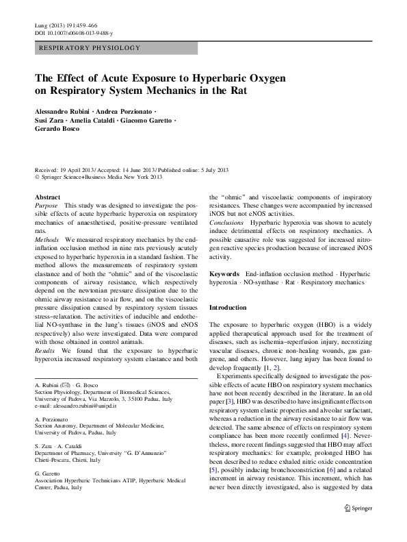 (PDF) The Effect of Acute Exposure to Hyperbaric Oxygen on Respiratory ...