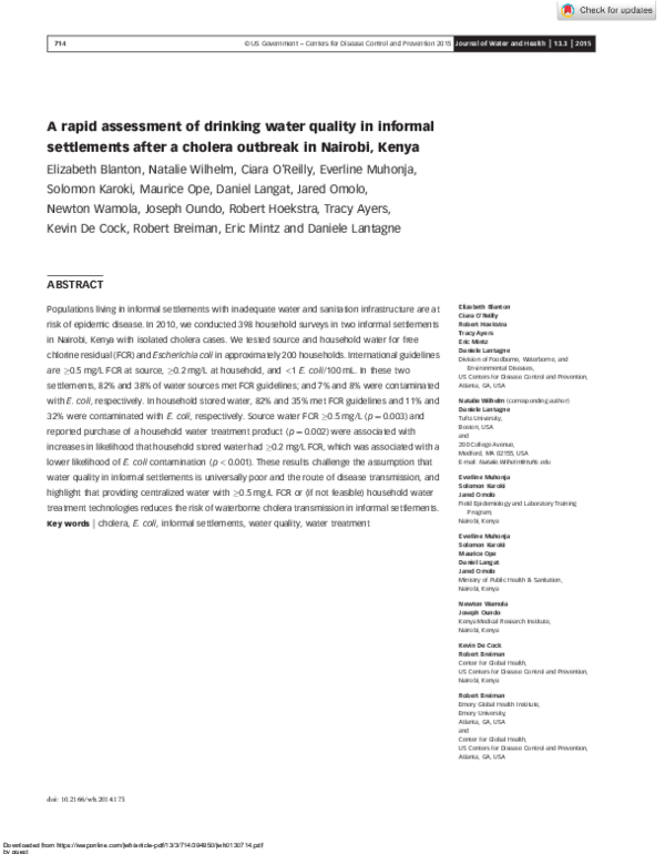 (PDF) A rapid assessment of drinking water quality in informal ...