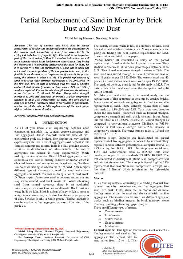 (PDF) Partial Replacement of Sand in Mortar by Brick Dust and Saw Dust