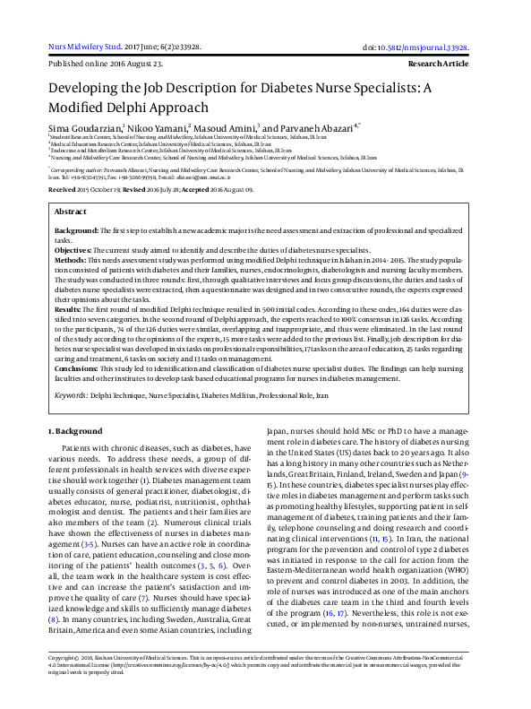 (PDF) Developing the Job Description for Diabetes Nurse Specialists A