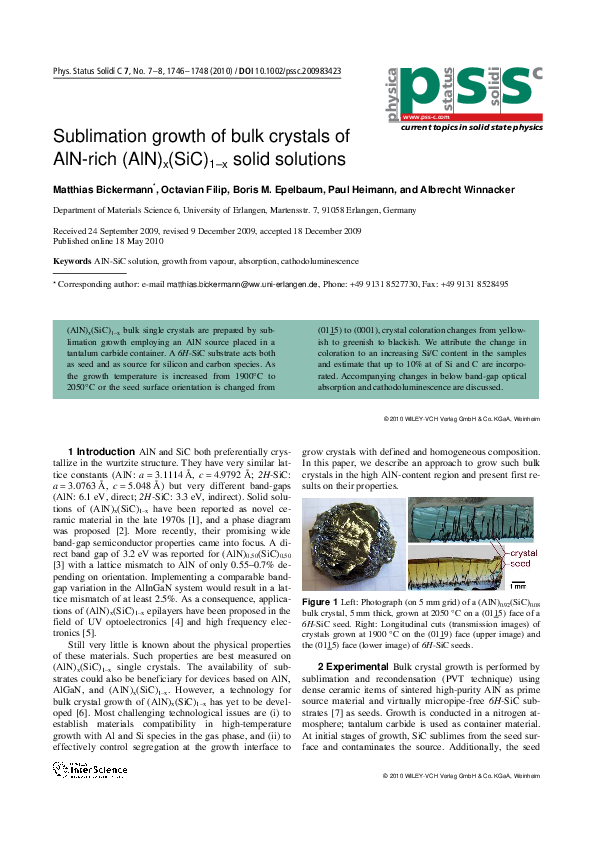 (PDF) Sublimation growth of bulk crystals of AlN‐rich (AlN) x (SiC) 1 x ...
