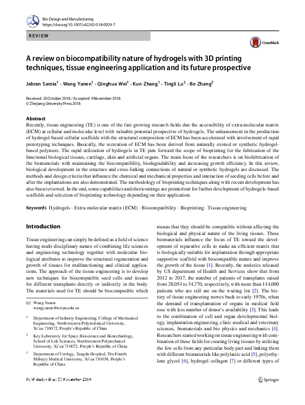 (PDF) A review on biocompatibility nature of hydrogels with 3D printing ...