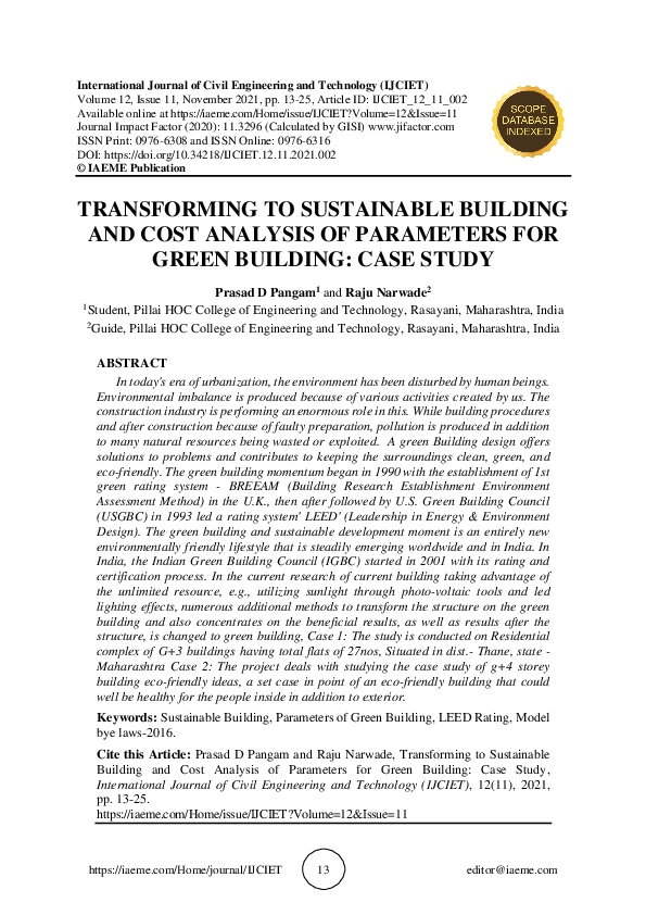 (PDF) TRANSFORMING TO SUSTAINABLE BUILDING AND COST ANALYSIS OF ...