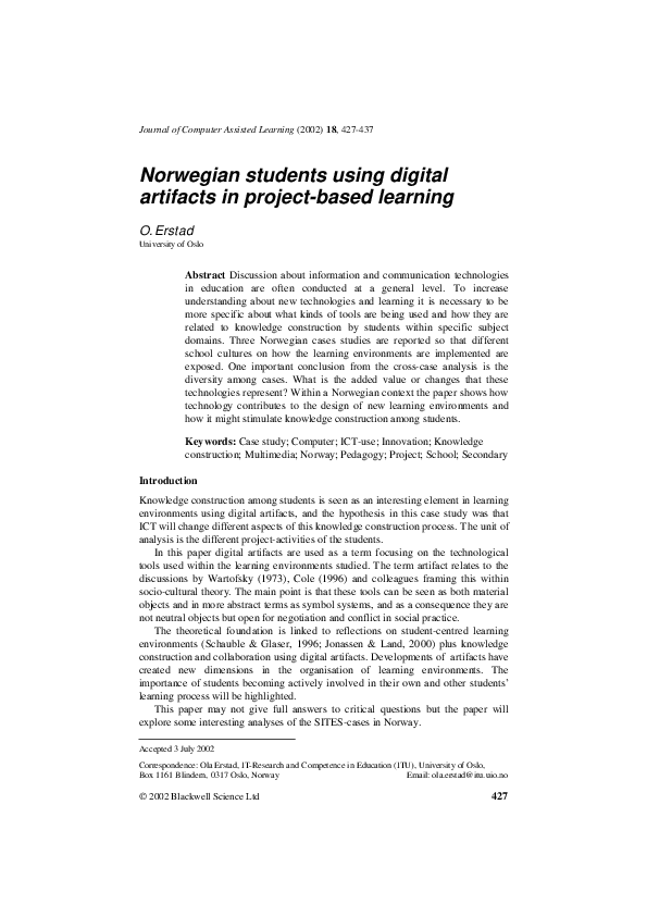 Pdf Norwegian Students Using Digital Artifacts In Project Based Learning