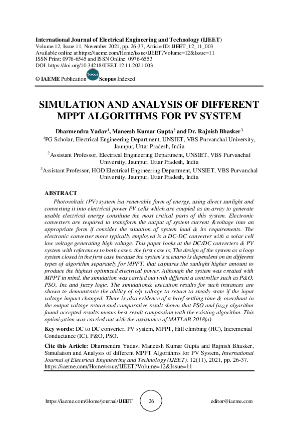 (PDF) SIMULATION AND ANALYSIS OF DIFFERENT MPPT ALGORITHMS FOR PV SYSTEM