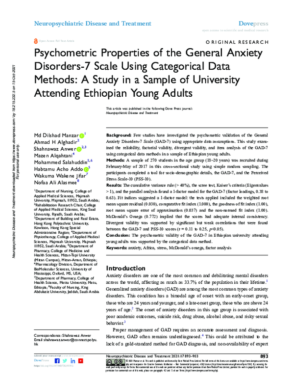 (PDF) Psychometric Properties of the General Anxiety Disorders-7 Scale ...