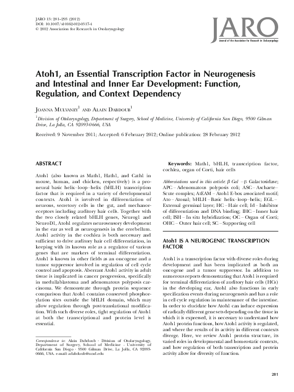 (PDF) Atoh1, an Essential Transcription Factor in Neurogenesis and ...