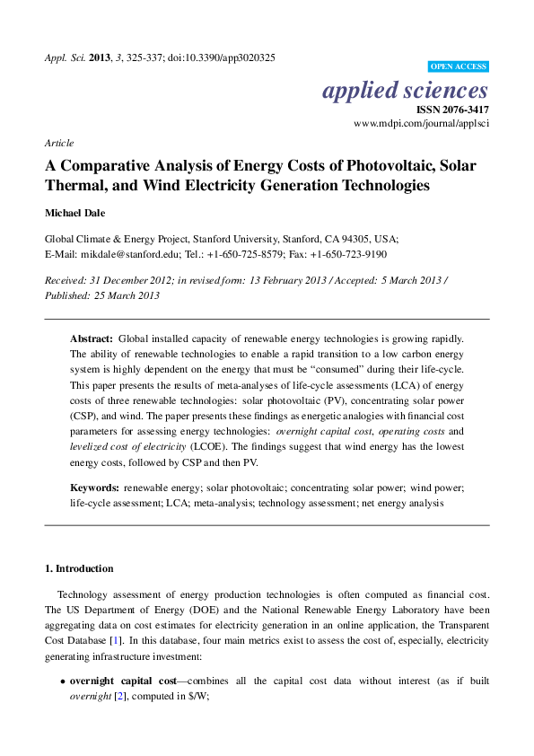 (PDF) A Comparative Analysis of Energy Costs of Photovoltaic, Solar ...