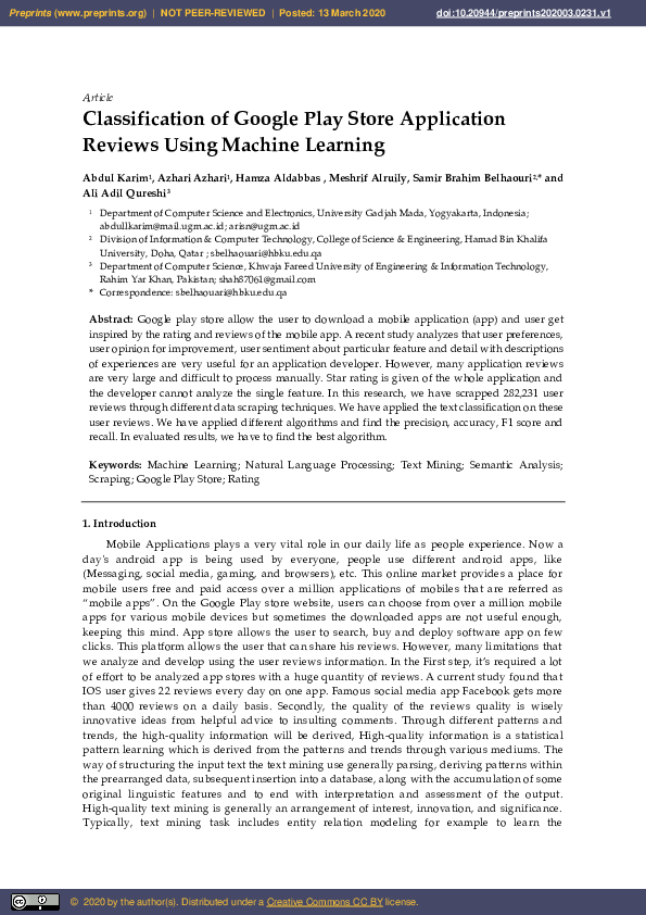 (PDF) Classification of Google Play Store Application Reviews Using ...
