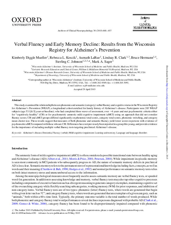 (PDF) Verbal Fluency and Early Memory Decline: Results from the ...