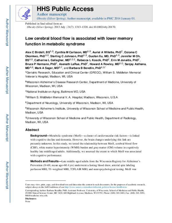 (PDF) Low cerebral blood flow is associated with lower memory function ...