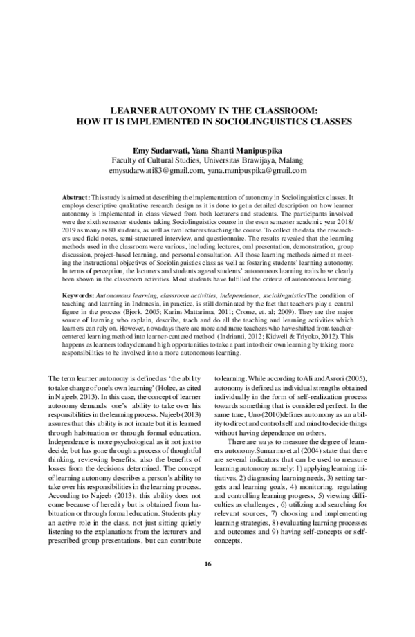 (PDF) Learner Autonomy in the Classroom : How It is Implemented in ...