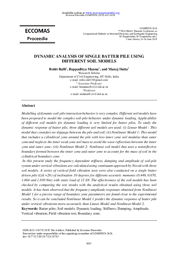 (PDF) Dynamic Analysis of Single Batter Pile Using Different Soil Models