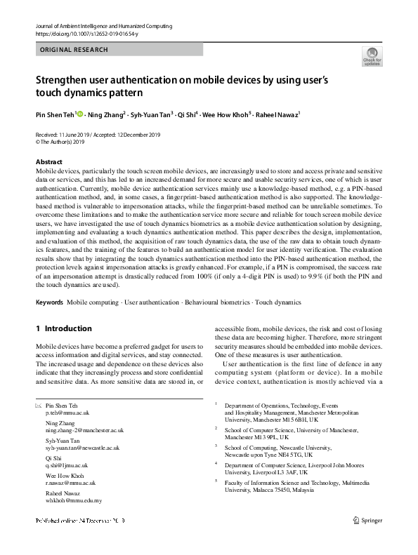 (PDF) Strengthen user authentication on mobile devices by using user’s ...