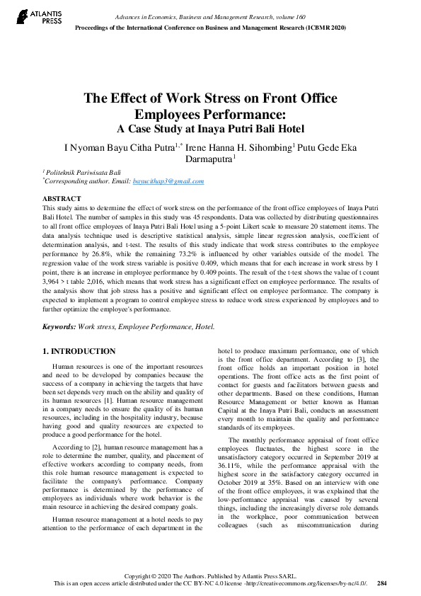 (PDF) The Effect of Work Stress on Front Office Employees Performance