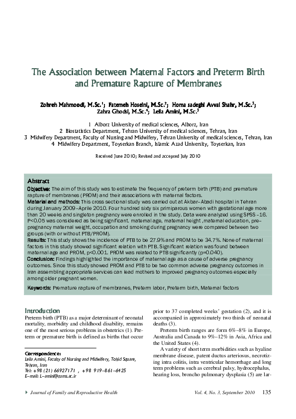 (PDF) The Association between Maternal Factors and Preterm Birthand ...