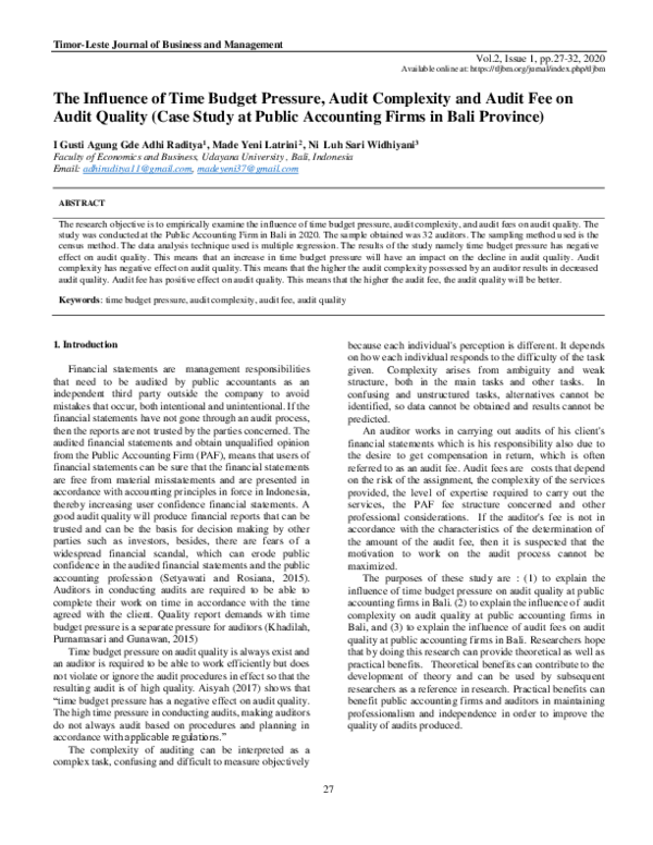 (PDF) The Influence of Time Budget Pressure, Audit Complexity and Audit ...