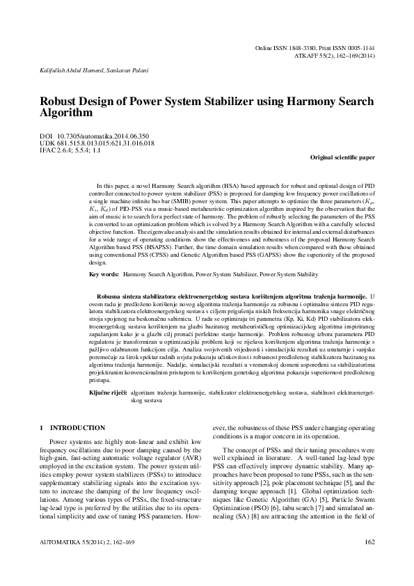 (PDF) Robust Design of Power System Stabilizer using Harmony Search ...