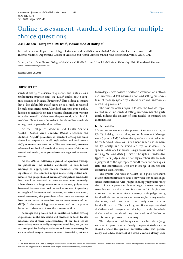 (PDF) Online assessment standard setting for multiple choice questions