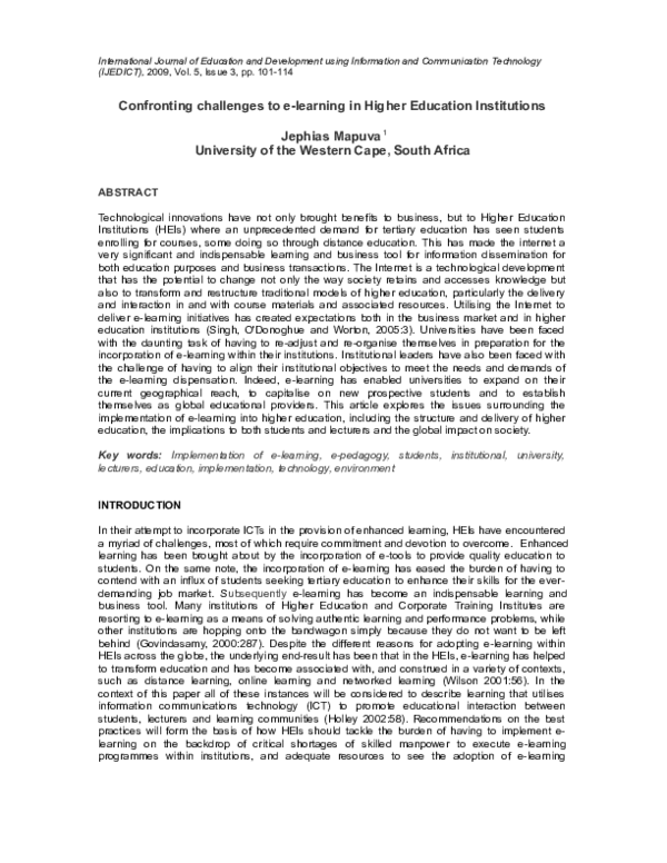 (PDF) Confronting challenges to e-learning in Higher Education Institutions