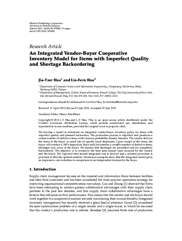 (PDF) An Integrated Vendor-Buyer Cooperative Inventory Model for Items ...