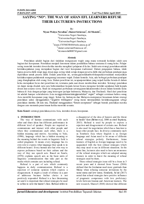 (PDF) A Saying “No”: The Way of Asian Efl Learners Refuse Their ...