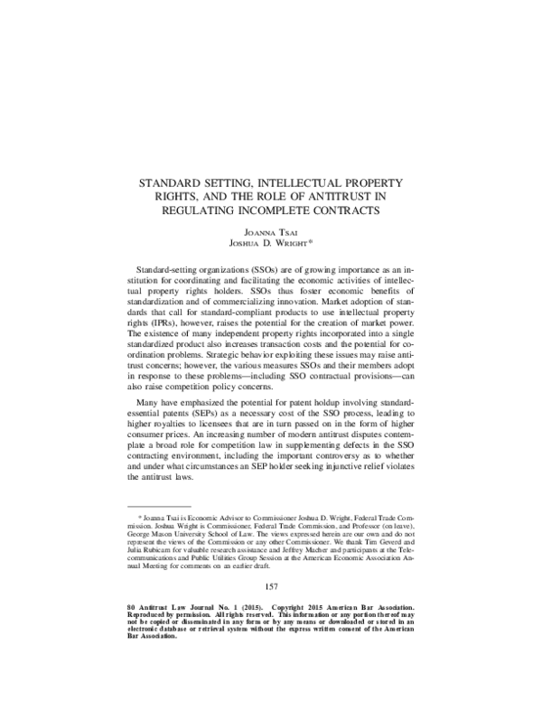 (PDF) Standard Setting, Intellectual Property Rights, and the Role of ...