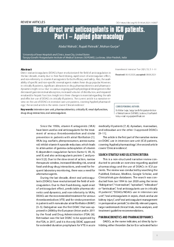 (PDF) Use of direct oral anticoagulants in ICU patients. Part I ...