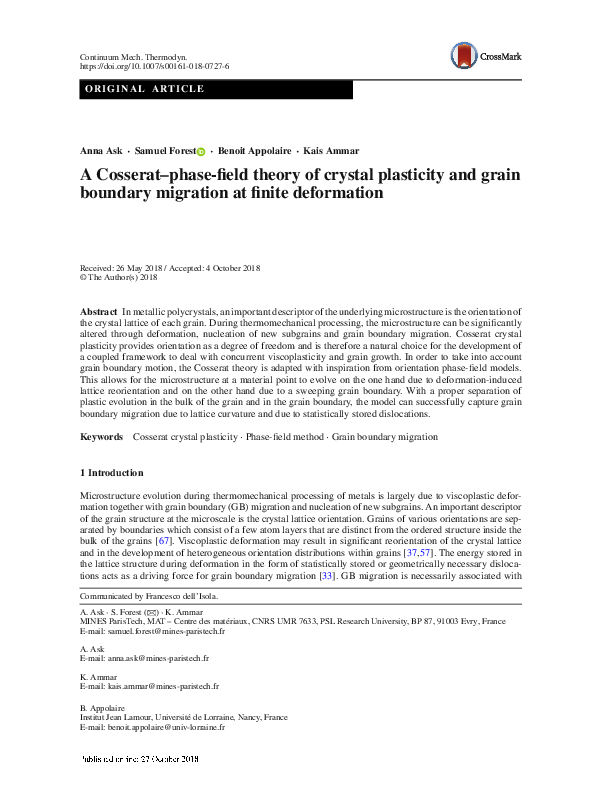 (PDF) A Cosserat–phase-field theory of crystal plasticity and grain ...