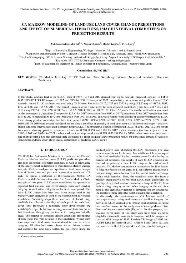 (PDF) Ca Markov Modeling of Land Use Land Cover Change Predictions and ...