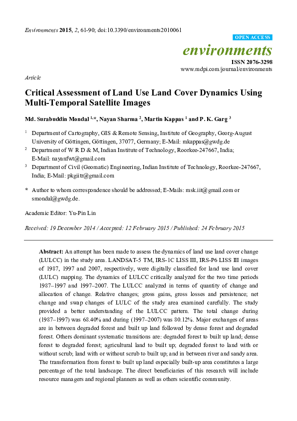 (PDF) Critical Assessment of Land Use Land Cover Dynamics Using Multi ...