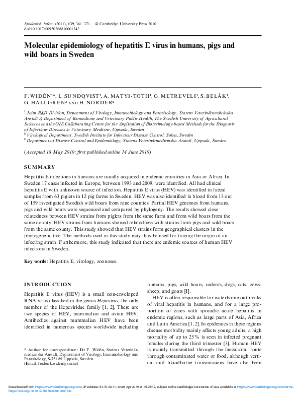 (PDF) Molecular epidemiology of hepatitis E virus in humans, pigs and ...