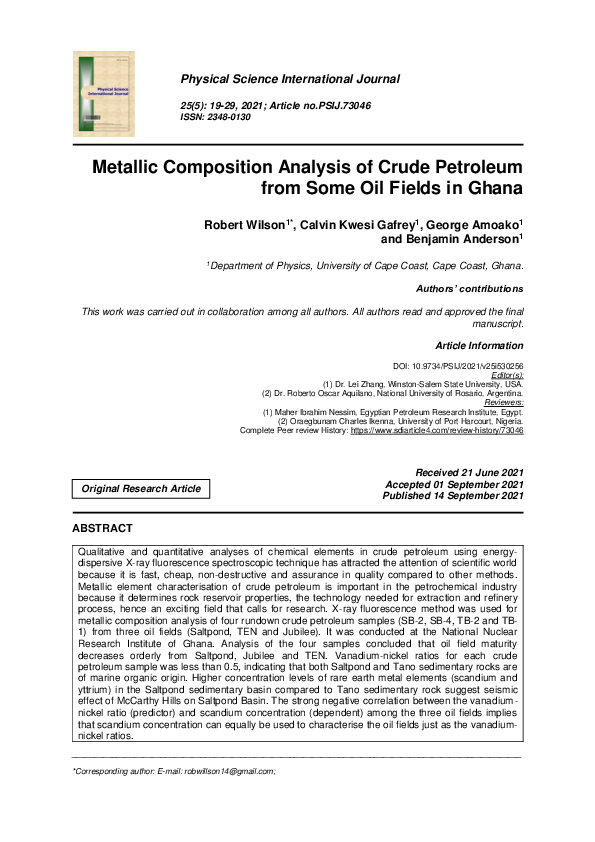 (PDF) Metallic Composition Analysis of Crude Petroleum from Some Oil ...