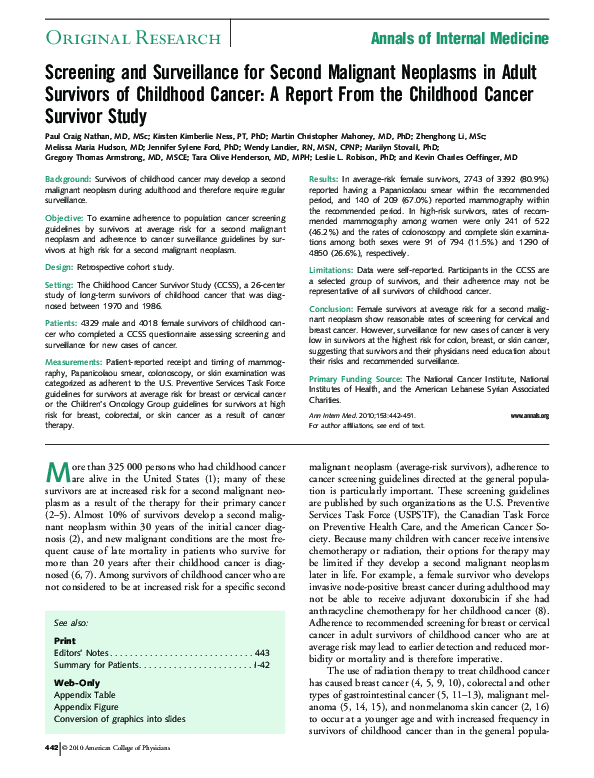 (PDF) Screening and Surveillance for Second Malignant Neoplasms in ...