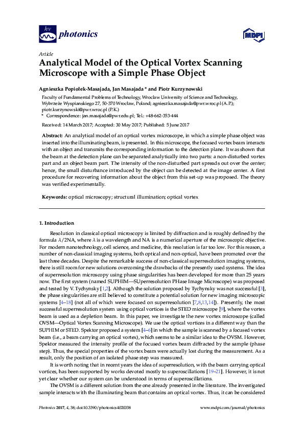 (PDF) Analytical Model of the Optical Vortex Scanning Microscope with a ...
