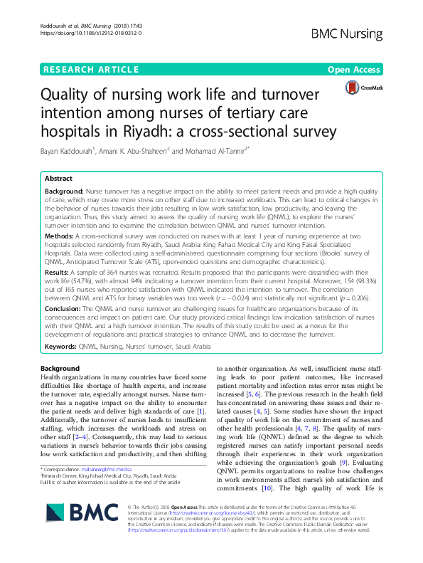 (PDF) Quality of nursing work life and turnover intention among nurses ...