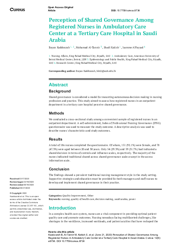 (PDF) Perception of Shared Governance Among Registered Nurses in ...