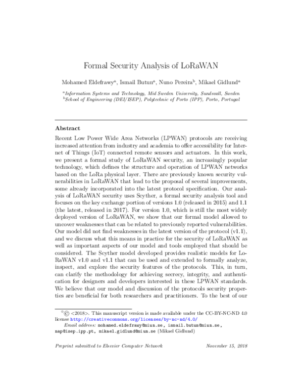 (PDF) Formal Security Analysis of LoRaWAN