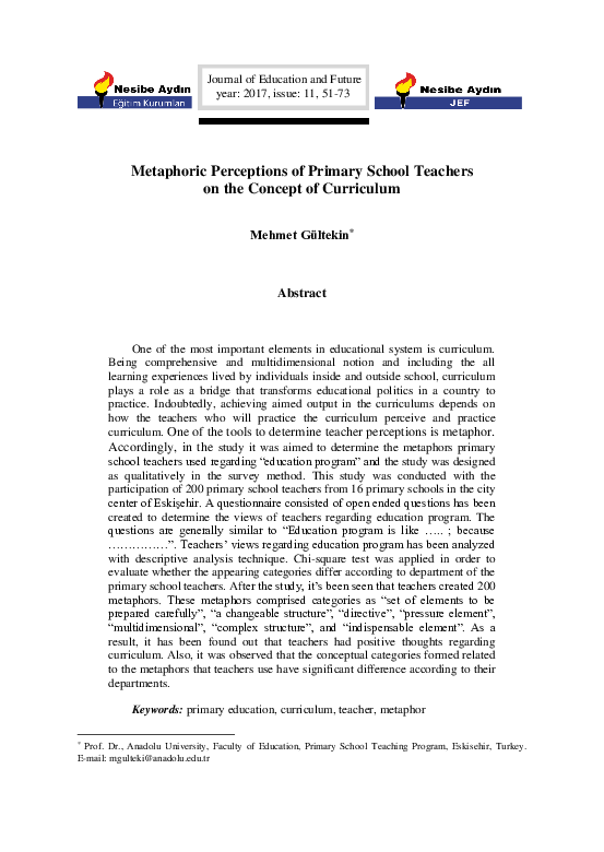 (PDF) Metaphoric Perceptions of Primary School Teachers on the Concept ...